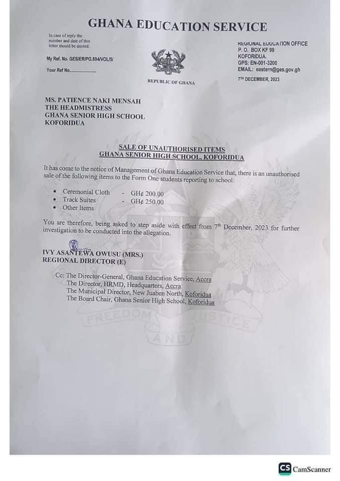 GES interdicts O’Reilly, GHANASS headteachers for unauthorized sale of items to students