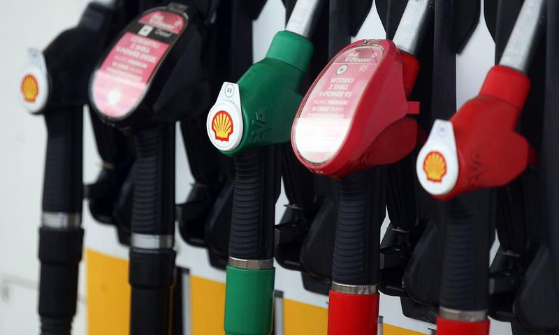 A row of fuel pumps of a fuel distributor at Shell gas station.