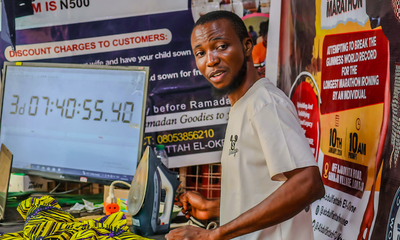 Dauda Abdulfata, a Nigerian man on 200-hour ironing marathon gives up after 142 hours for health reasons