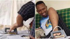 Sammy Brayo, born without arms demonstrates how he irons his clothes