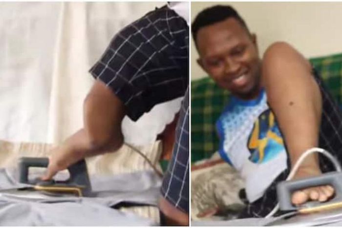 Sammy Brayo, born without arms demonstrates how he irons his clothes