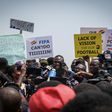 #SaveGhanaFootball-protest Leader Saddick Adams speaks to the protesters in front of the Independence Arch in Accra. Photos by Nicolas Horni