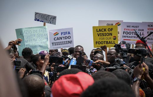 #SaveGhanaFootball-protest Leader Saddick Adams speaks to the protesters in front of the Independence Arch in Accra. Photos by Nicolas Horni