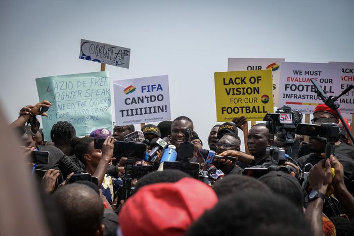 #SaveGhanaFootball-protest Leader Saddick Adams speaks to the protesters in front of the Independence Arch in Accra. Photos by Nicolas Horni