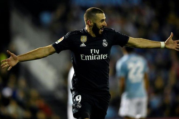 Real Madrid forward Karim Benzema celebrates after scoring during a Spanish league game against Celta Vigo.