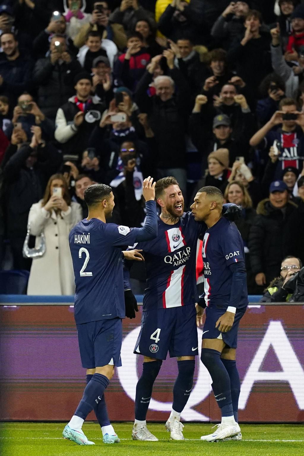 Sergio Ramos celebrating his PSG goal with his team mates