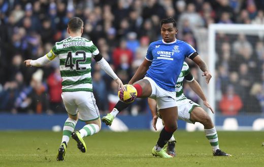 Glasgow, Scotland, 2nd January 2023. Celtic captain Callum McGregor and Alfredo Morelos of Rangers during the cinch Premiership match at Ibrox Stadium, Glasgow. Picture credit should read: Neil Hanna / Sportimage