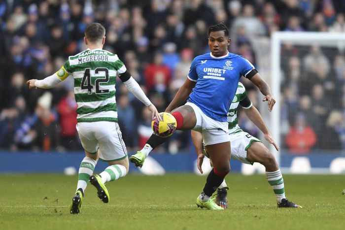 Glasgow, Scotland, 2nd January 2023. Celtic captain Callum McGregor and Alfredo Morelos of Rangers during the cinch Premiership match at Ibrox Stadium, Glasgow. Picture credit should read: Neil Hanna / Sportimage