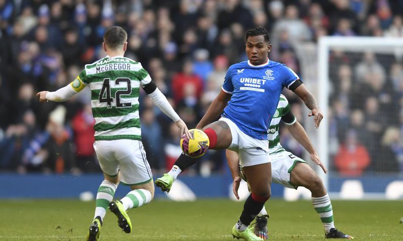 Glasgow, Scotland, 2nd January 2023. Celtic captain Callum McGregor and Alfredo Morelos of Rangers during the cinch Premiership match at Ibrox Stadium, Glasgow. Picture credit should read: Neil Hanna / Sportimage