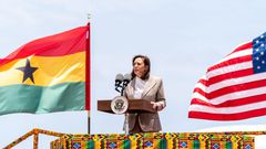 United States Vice President Kamala Harris speaks on arrival in Ghana, March 26, 2023