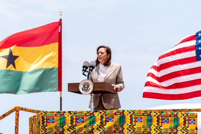 United States Vice President Kamala Harris speaks on arrival in Ghana, March 26, 2023