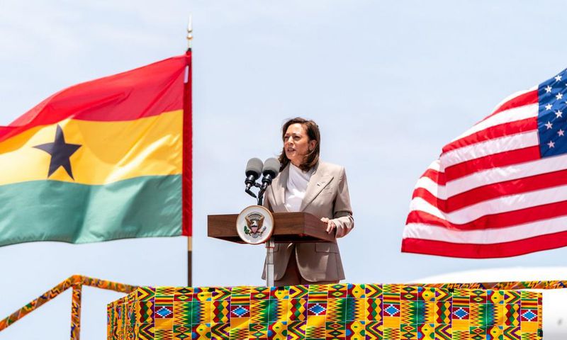 United States Vice President Kamala Harris speaks on arrival in Ghana, March 26, 2023