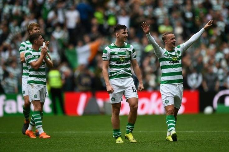 Celtic's players celebrate victory over old rivals Rangers