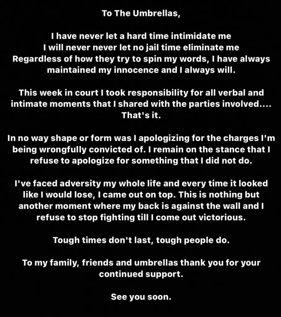 Tory Lanez shared a statement with his fans following his sentencing