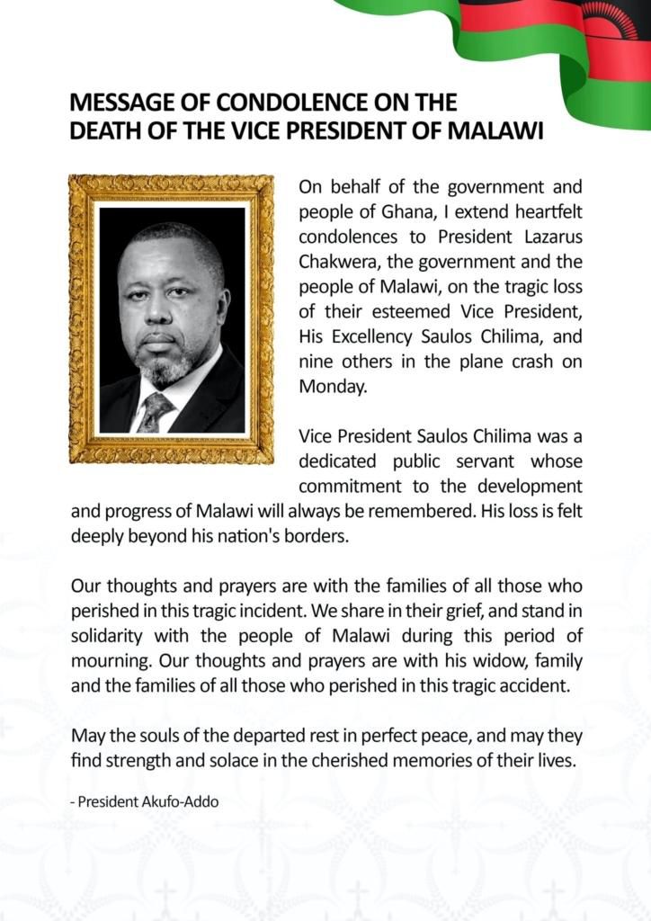 Akufo Addo extendes condolence to Vice Prez Saulos Chilima of Malawi