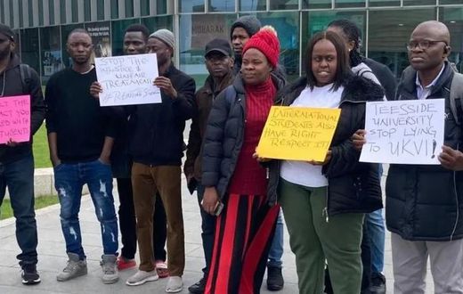 Teesside University Nigerian students protested on campus on Tuesday morning. [BBC]