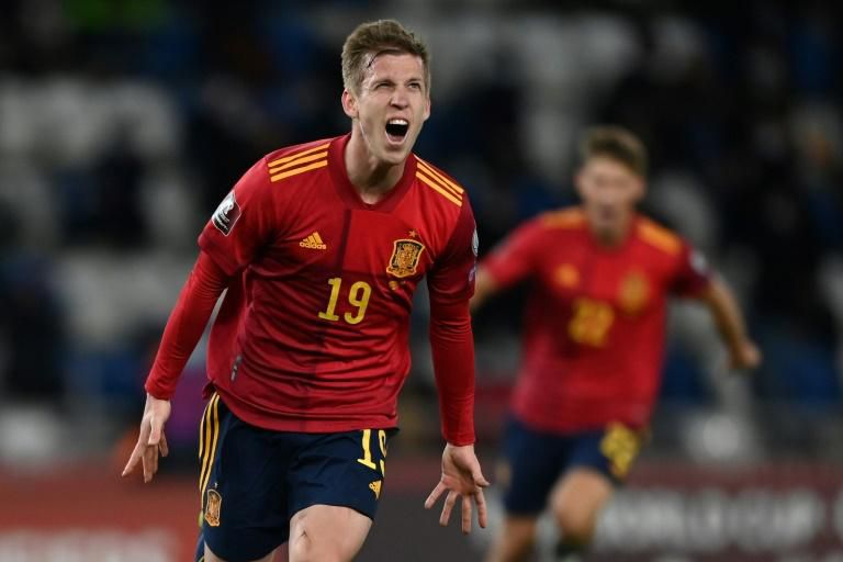 Dani Olmo celebrates after scoring Spain's stoppage-time winner against Georgia in Tbilisi