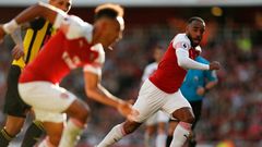 Arsenal's French striker Alexandre Lacazette (R, pictured September 2018) was able to score and tie the game against Liverpool in the Premiere League