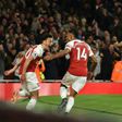 Pierre-Emerick Aubameyang celebrated with Mesut Ozil as Arsenal saw off Leicester