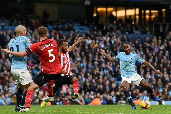 Raheem Sterling, pictured scoring Manchester City's fourth goal, was in superb form as the Premier League champions returned to the top of the table with a 6-1 thrashing of Southampton
