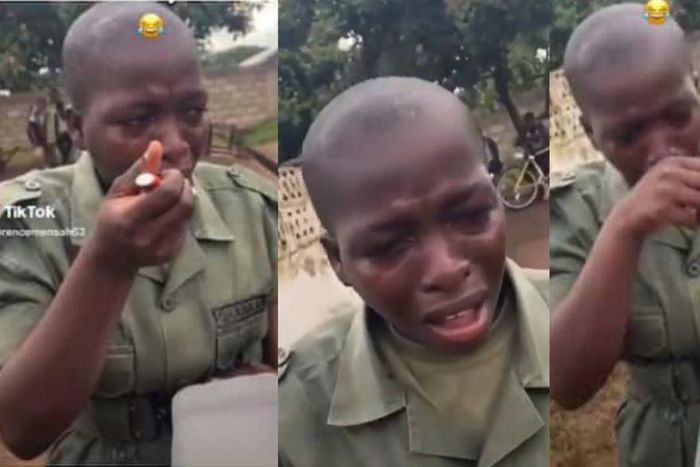 Ghanaian female soldier trainee crying inconsolably while eating causes reactions