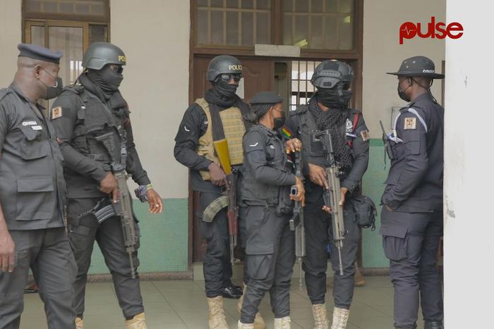 Ghana police armed to the teeth at the Accra Circuit Court.