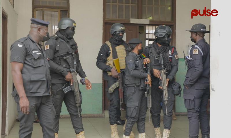 Ghana police armed to the teeth at the Accra Circuit Court.