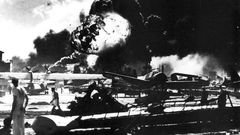 aerial view of the initial blows struck against american ships as seen from a japanese plane over pearl harbor