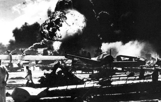 aerial view of the initial blows struck against american ships as seen from a japanese plane over pearl harbor