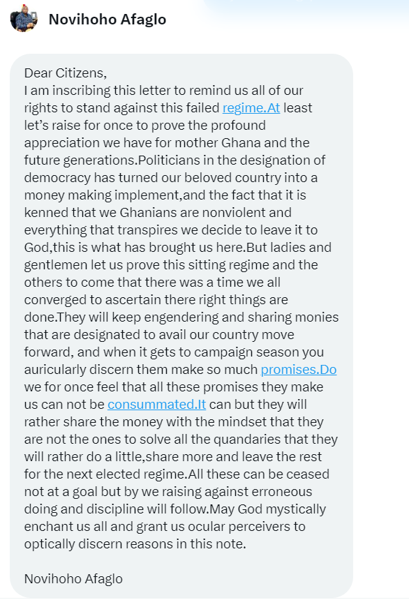 Novihoho Afaglo statement