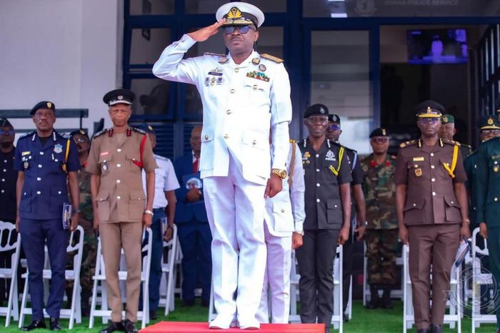Ghana Police Service and other security agencies honour outgoing Chief of Defence Staff, Vice Admiral Seth Amoama, with a guard of honour