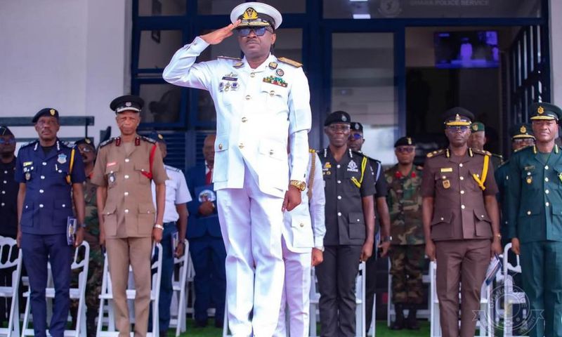 Ghana Police Service and other security agencies honour outgoing Chief of Defence Staff, Vice Admiral Seth Amoama, with a guard of honour