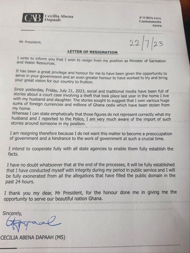 Cecilia Dapaah Resigns