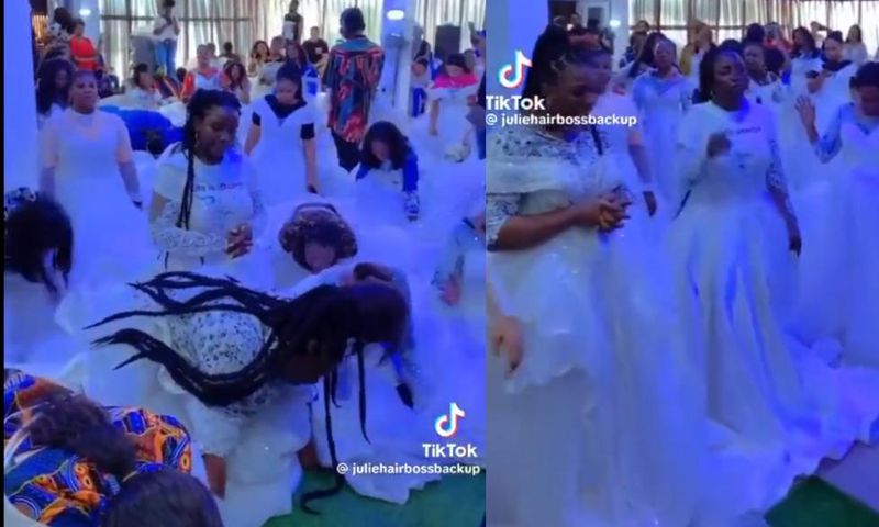 Single ladies wear wedding gowns to church to pray for husbands before year ends