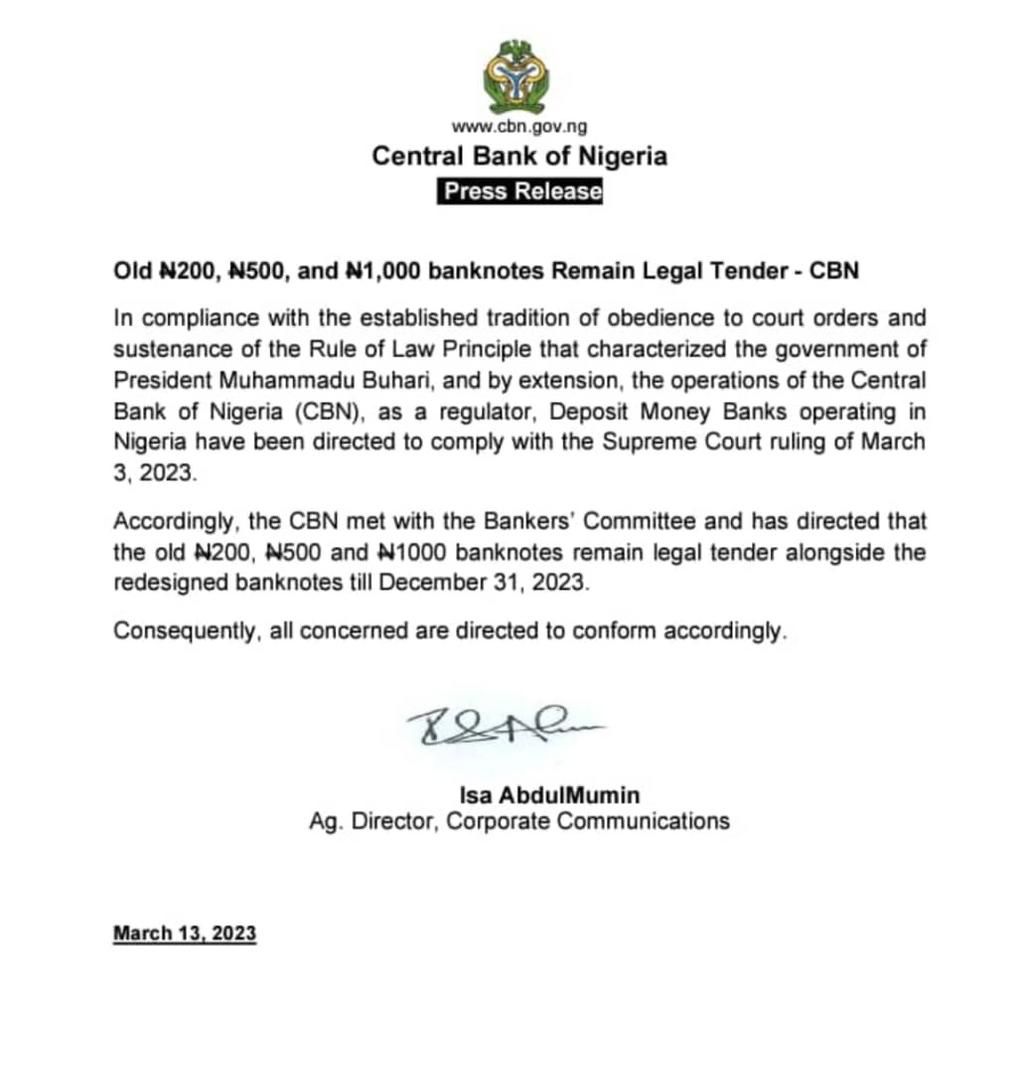 THE CBN statement reversing its policy on redesigned naira notes. (CBN)