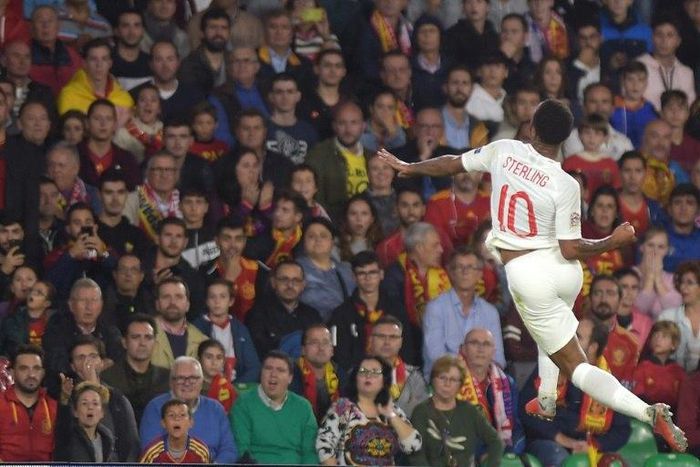 England's Raheem Sterling celebrates after scoring against Spain