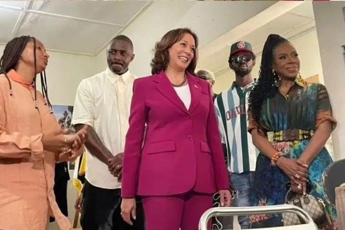 Kamala Harris meets Idris Elba, Black Sherif as if she tours Accra's creative studios