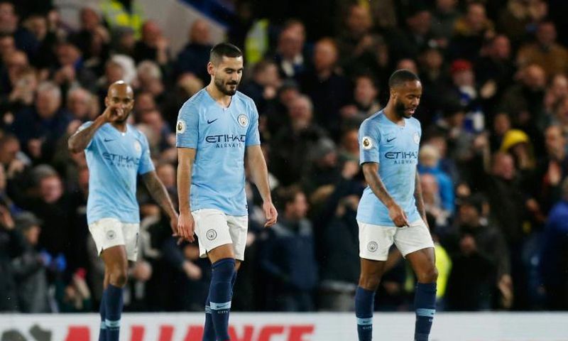 Manchester City's Raheem Sterling (right) was the victim of alleged racist abuse by a Chelsea fan on Saturday