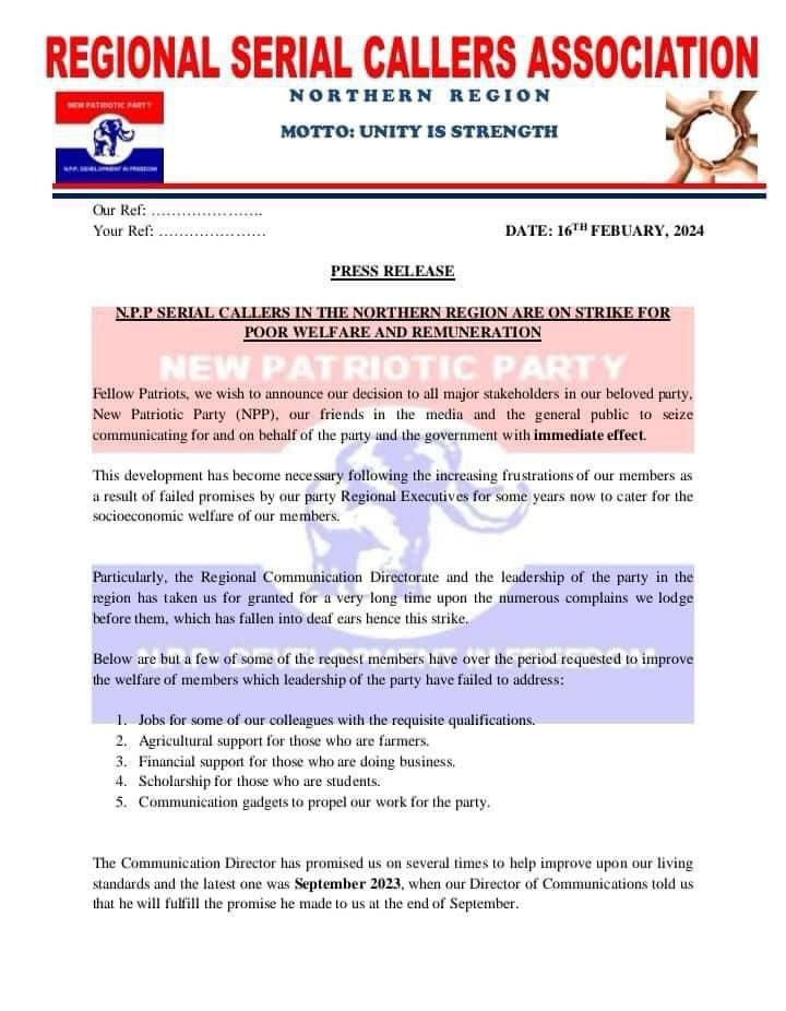 NPP Serial Callers Association in Northern Region declare strike over poor welfare