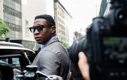 Jonathan Majors, looks backs at reporters while leaving Manhattan Criminal court after a pre-trial hearing in August 2023.Alexi Rosenfeld/Getty Images