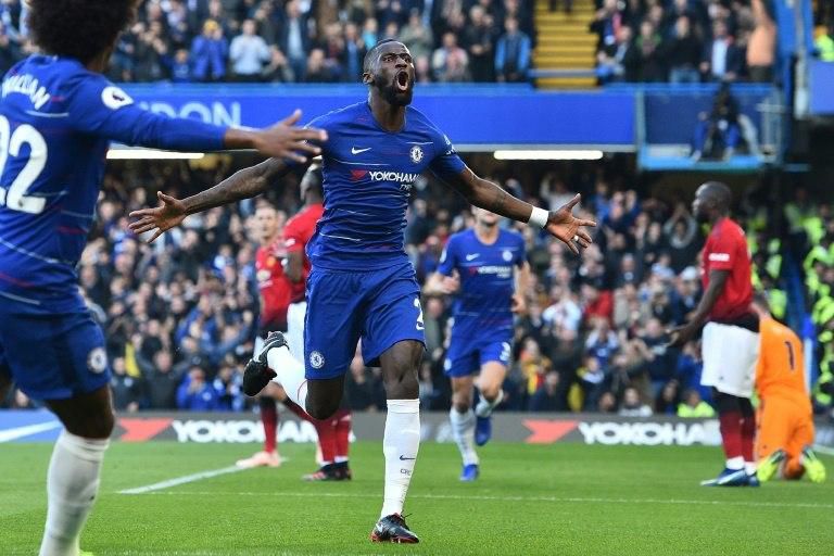 Antonio Rudiger celebrates after exposing Manchester United's weakness from defending corners this season