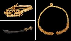 A gold model harp (top left) was given to the British Museum in the early 19th Century. But the gold torc (right) and sword of state were among the looted artefacts