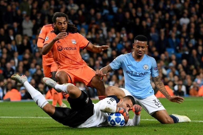Lyon goalkeeper Anthony Lopes stops Manchester City's Gabriel Jesus