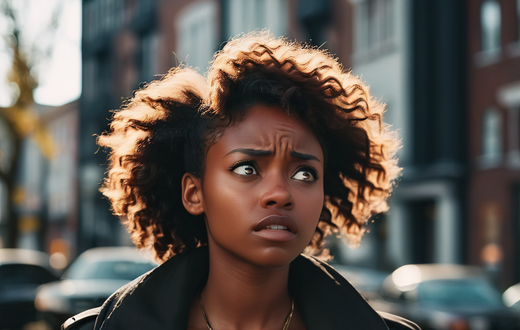 An AI-generated image of young black woman in distress