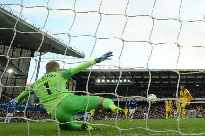 Everton goalkeeper Jordan Pickford saved a penalty from Luka Milivojevic during a 2-0 win over Crystal Palace