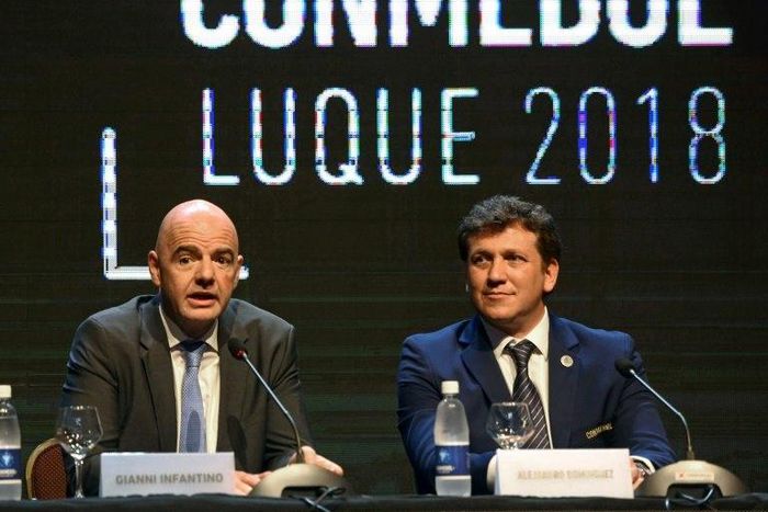 CONMEBOL chief Alejandro Dominguez (R) will need permission from FIFA in order to shift the Copa America from its current calendar