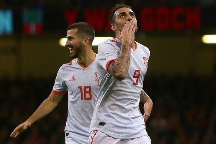 Spain's striker Paco Alcacer celebrates scoring the opening goal against Wales
