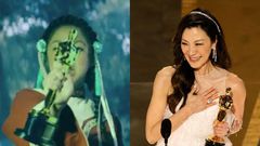 Jobu holding an Oscar in "Everything Everywhere All At Once" / Michelle Yeoh accepts the best actress award for "Everything Everywhere All at Once" on March 12, 2023.A24 / Getty Images