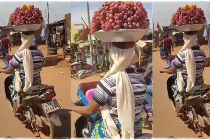 Fruit seller carrying a tray of fruits while riding motorcycle sparks reactions