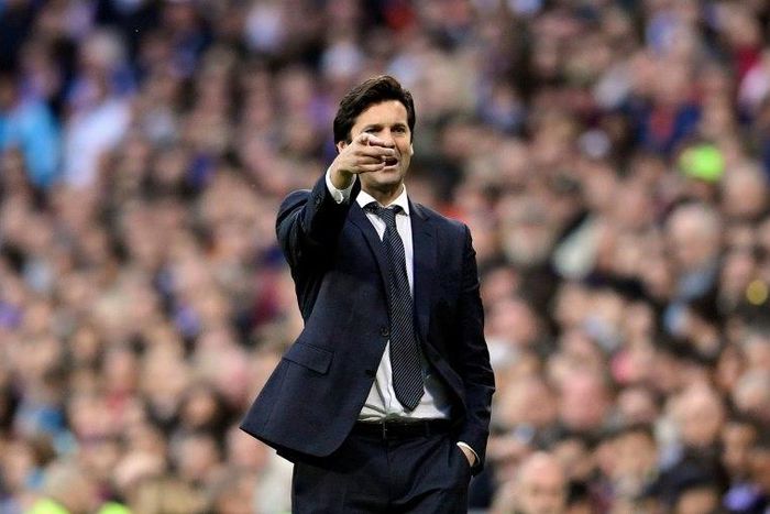 Real Madrid coach Santiago Solari gives instructions
